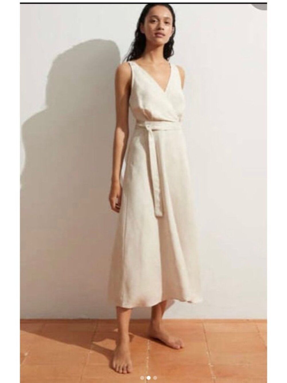 Oysho Womens Wrap Dress Beige XS Linen Blend Sleeveless Vneck 0759/190 NWT